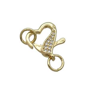 Copper Lobster Clasp Pave Zircon Heart Unfade 18K Gold Plated, approx 12-13mm [FN31992]