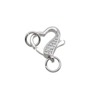 Copper Lobster Clasp Pave Zircon Heart Unfade Platinum Plated, approx 12-13mm [FN31993]