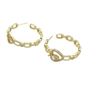 Copper Stud Earring Pave Zircon Heart Crown Gold Plated, approx 5mm, 12mm, 30mm dia [FN32058]