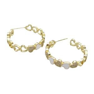 Copper Stud Earring Pave Zircon White Enamel Heart Gold Plated, approx 7mm, 30mm dia [FN32059]