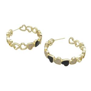 Copper Stud Earring Pave Zircon Black Enamel Heart Gold Plated, approx 7mm, 30mm dia [FN32060]