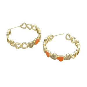 Copper Stud Earring Pave Zircon Orange Enamel Heart Gold Plated, approx 7mm, 30mm dia [FN32062]