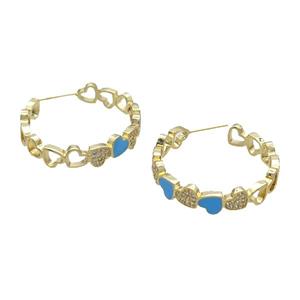 Copper Stud Earring Pave Zircon Blue Enamel Heart Gold Plated, approx 7mm, 30mm dia [FN32063]