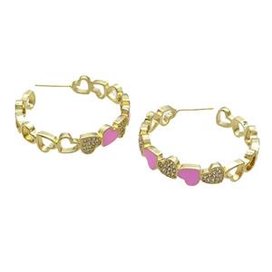 Copper Stud Earring Pave Zircon Pink Enamel Heart Gold Plated, approx 7mm, 30mm dia [FN32065]