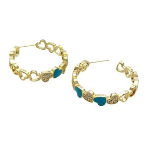 Copper Stud Earring Pave Zircon Teal Enamel Heart Gold Plated, approx 7mm, 30mm dia [FN32066]