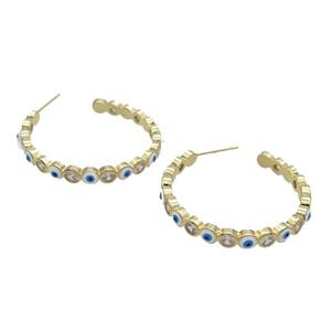 Copper Stud Earring Pave Zircon White Enamel Evil Eye Gold Plated, approx 4mm, 30mm dia [FN32067]