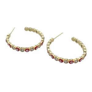 Copper Stud Earring Pave Zircon Red Enamel Evil Eye Gold Plated, approx 4mm, 30mm dia [FN32069]