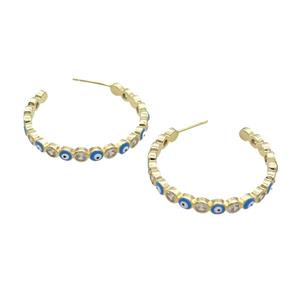 Copper Stud Earring Pave Zircon Blue Enamel Evil Eye Gold Plated, approx 4mm, 30mm dia [FN32070]