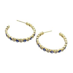 Copper Stud Earring Pave Zircon Lapisblue Enamel Evil Eye Gold Plated, approx 4mm, 30mm dia [FN32071]