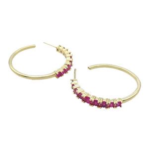 Copper Stud Earring Pave Hotpink Zircon Gold Plated, approx 3.5-4.5mm, 30mm dia [FN32076]