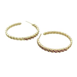 Copper Stud Earring Pave Hotpink Zircon Gold Plated, approx 3.5mm, 35mm dia [FN32081]