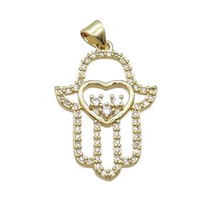 Copper Hamsahand Pendant Pave Zircon Heart Gold Plated, approx 20-26mm [FN32132]