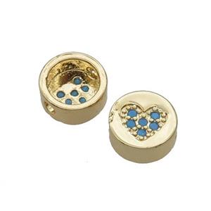 Copper Button Beads Pave Turq Zircon Heart Gold Plated, approx 11mm dia [FN32143]