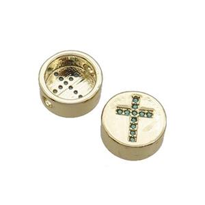 Copper Button Beads Pave Green Zircon Cross Gold Plated, approx 11mm dia [FN32171]