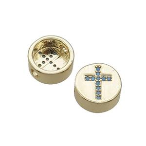 Copper Button Beads Pave Turq Zircon Cross Gold Plated, approx 11mm dia [FN32172]