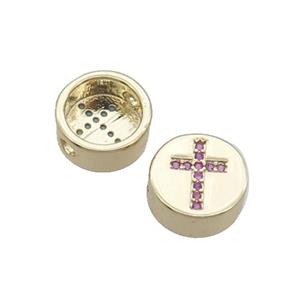Copper Button Beads Pave Pink Zircon Cross Gold Plated, approx 11mm dia [FN32173]