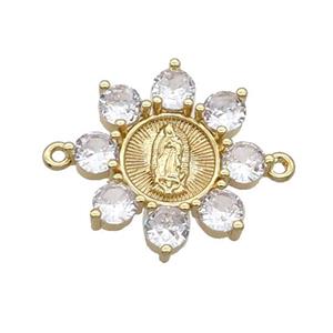 Copper Flower Connector Pave Crystal Jesus Gold Plated, approx 24mm [FN32193]