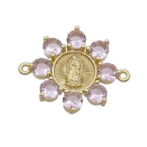 Copper Flower Connector Pave Pink Crystal Jesus Gold Plated, approx 24mm [FN32194]