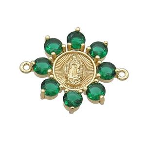 Copper Flower Connector Pave Green Crystal Jesus Gold Plated, approx 24mm [FN32195]