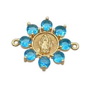 Copper Flower Connector Pave Blue Crystal Jesus Gold Plated, approx 24mm [FN32196]