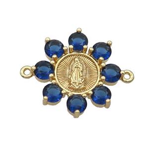 Copper Flower Connector Pave Darkblue Crystal Jesus Gold Plated, approx 24mm [FN32197]