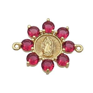 Copper Flower Connector Pave Red Crystal Jesus Gold Plated, approx 24mm [FN32198]