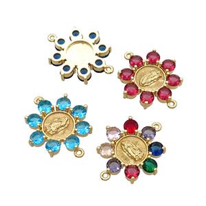 Copper Flower Connector Pave Crystal Jesus Gold Plated Mixed, approx 24mm [FN32200]
