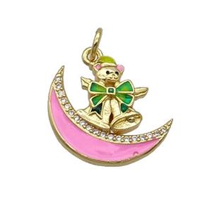 Copper Moon Pendant Pave Zircon Pink Enamel Mouse Gold Plated, approx 18mm [FN32227]