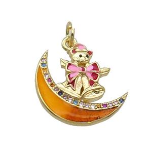 Copper Moon Pendant Pave Zircon Orange Enamel Mouse Gold Plated, approx 18mm [FN32229]