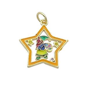 Copper Santa Claus Pendant Pave Zircon Orange Enamel Star Gold Plated, approx 18mm [FN32232]