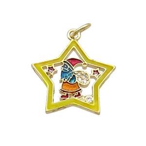 Copper Santa Claus Pendant Pave Zircon Yellow Enamel Star Gold Plated, approx 18mm [FN32233]