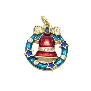 Copper Christmas Bell Pendant Pave Zircon Red Enamel Gold Plated, approx 16.5mm [FN32237]