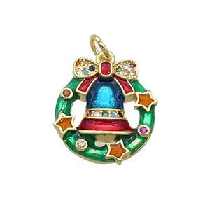 Copper Christmas Bell Pendant Pave Zircon Multicolor Enamel Gold Plated, approx 16.5mm [FN32238]