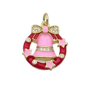 Copper Christmas Bell Pendant Pave Zircon Pink Enamel Gold Plated, approx 16.5mm [FN32239]