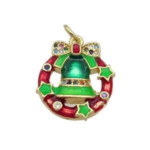 Copper Christmas Bell Pendant Pave Zircon Green Enamel Gold Plated, approx 16.5mm [FN32240]