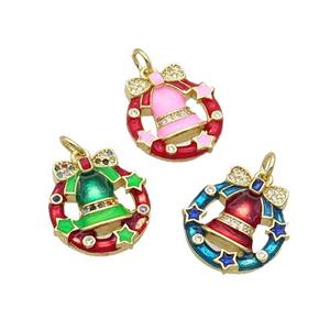 Copper Christmas Bell Pendant Pave Zircon Enamel Gold Plated Mixed, approx 16.5mm [FN32241]