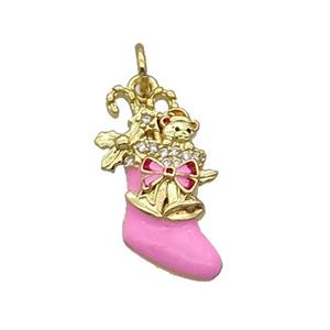 Copper Christmas Stocking Pave Zircon Pink Enamel Gold Plated, approx 11-20mm [FN32242]