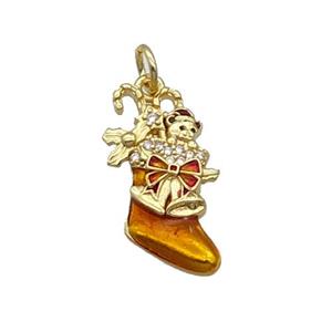 Copper Christmas Stocking Pave Zircon Ornage Enamel Gold Plated, approx 11-20mm [FN32244]