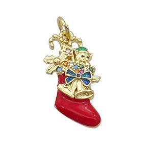 Copper Christmas Stocking Pave Zircon Red Enamel Gold Plated, approx 11-20mm [FN32245]