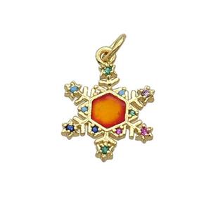 Copper Snowflake Pendant Pave Zircon Orange Enamel Gold Plated, approx 16mm [FN32248]