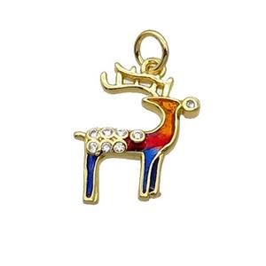 Copper Reindeer Pendant Pave Zircon Multicolor Enamel Gold Plated, approx 14-15mm [FN32252]