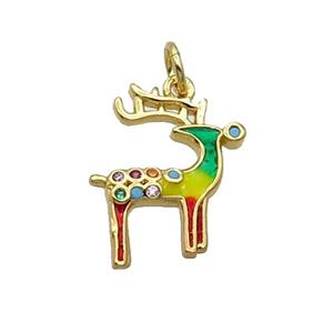 Copper Reindeer Pendant Pave Zircon Multicolor Enamel Gold Plated, approx 14-15mm [FN32253]