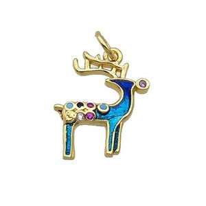 Copper Reindeer Pendant Pave Zircon Blue Enamel Gold Plated, approx 14-15mm [FN32254]