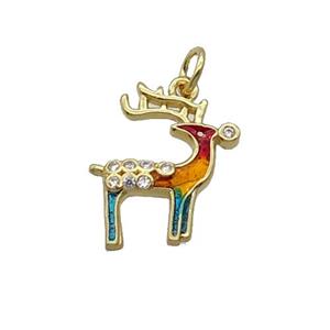Copper Reindeer Pendant Pave Zircon Multicolor Enamel Gold Plated, approx 14-15mm [FN32255]