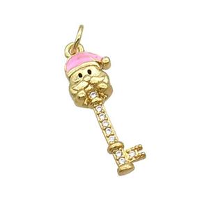 Copper Key Santa Claus Pendant Pave Zircon Pink Enamel Gold Plated, approx 8-21mm [FN32257]