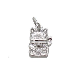 Copper Lucky Cat Pendant Pave Zircon Platinum Plated, approx 8-10.5mm [FN32325]