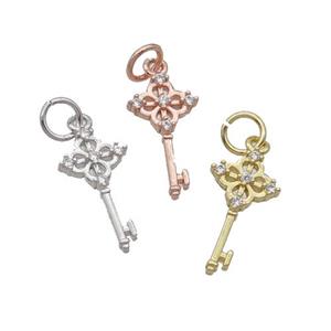 Copper Key Charm Pendant Pave Zircon Mixed, approx 8-15mm [FN32374]