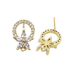 Copper Stud Earring Pave Zircon Flower Gold Plated, approx 10-15mm [FN32570]
