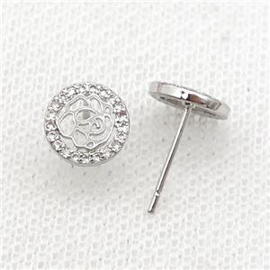 Copper Stud Earring Pave Zircon Flower Platinum Plated, approx 9mm [FN32574]