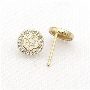 Copper Stud Earring Pave Zircon Flower Gold Plated, approx 9mm [FN32575]